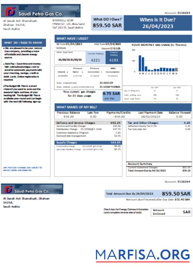 Downloadable Saudi Petro Gas utility businessbill, SCR sample